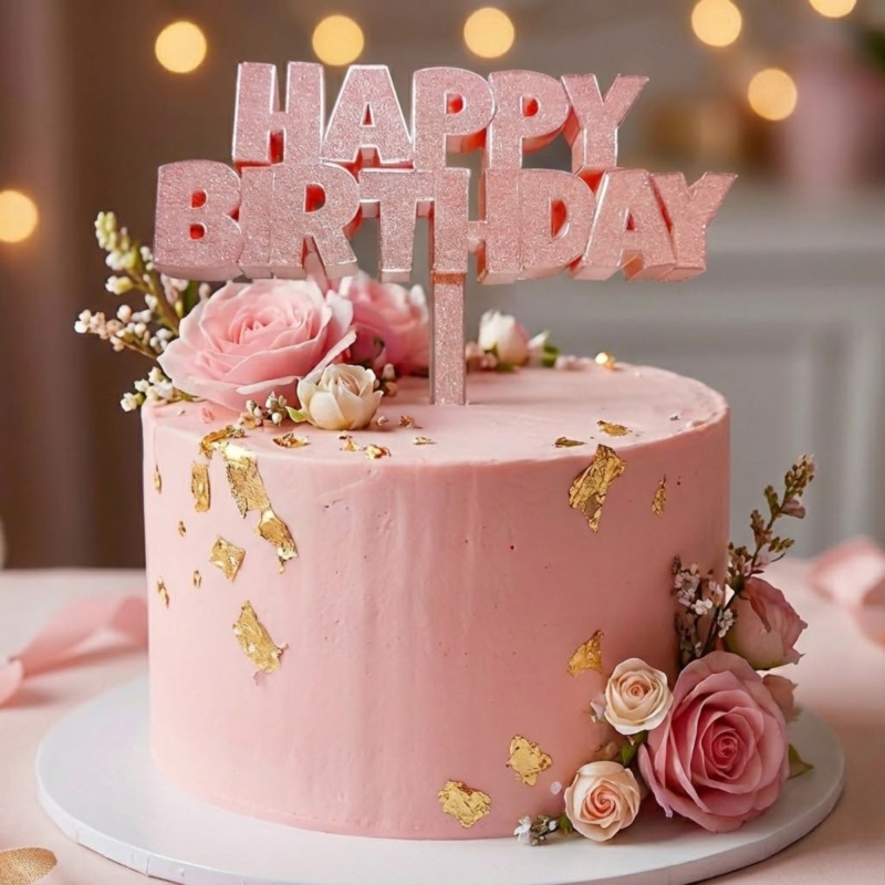 Topper różowy „Happy Birthday” na tort urodzinowy
