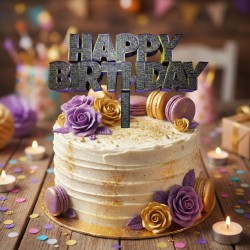 Topper Fioletowy-Złoty-Czarny „Happy Birthday” na tort urodzinowy