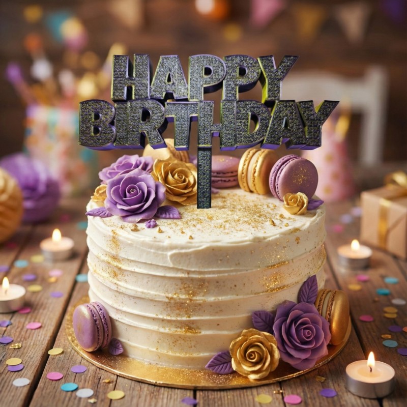 Topper Fioletowy-Złoty-Czarny „Happy Birthday” na tort urodzinowy
