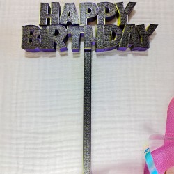 Topper Fioletowy-Złoty-Czarny „Happy Birthday” na tort urodzinowy