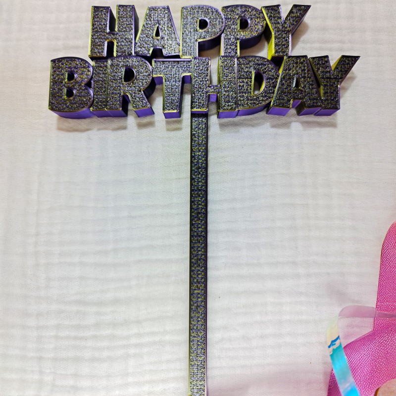 Topper Fioletowy-Złoty-Czarny „Happy Birthday” na tort urodzinowy