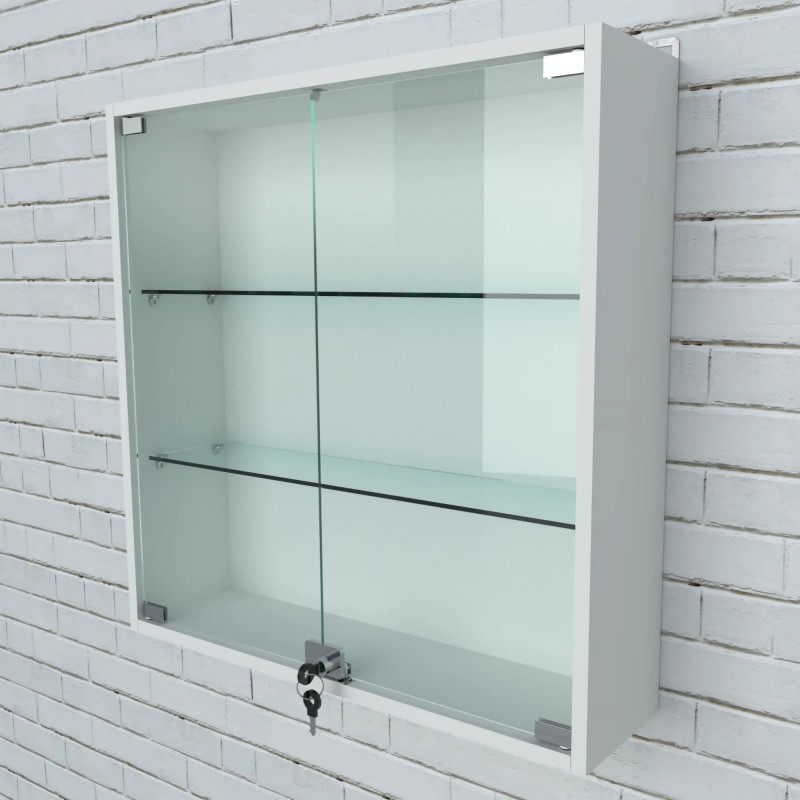 Biała witryna wisząca z drzwiami szklanymi i zamkiem na klucz