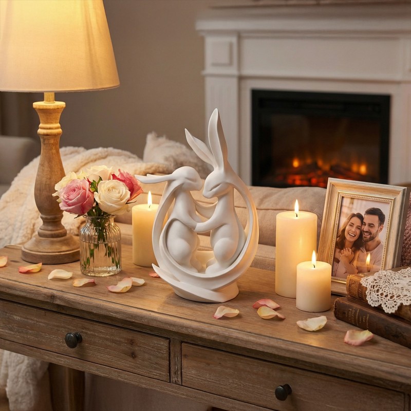 Zajączki/króliki w objęciach 3D – Biała figurka dekoracyjna, ozdoba