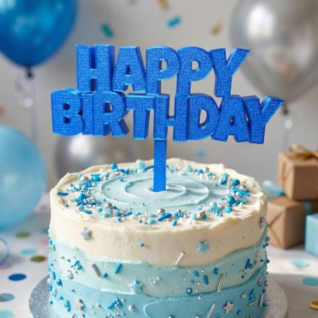 Topper niebieski „Happy Birthday” na tort urodzinowy